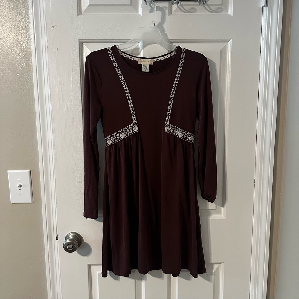 Altar’s State Long-Sleeve Maroon Dress with off white Trim